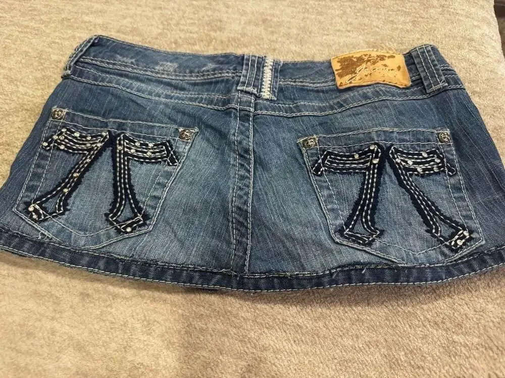 Seven7 Women's Handmade Denim Micro Mini Skirt with Rhinestone Details Size 28